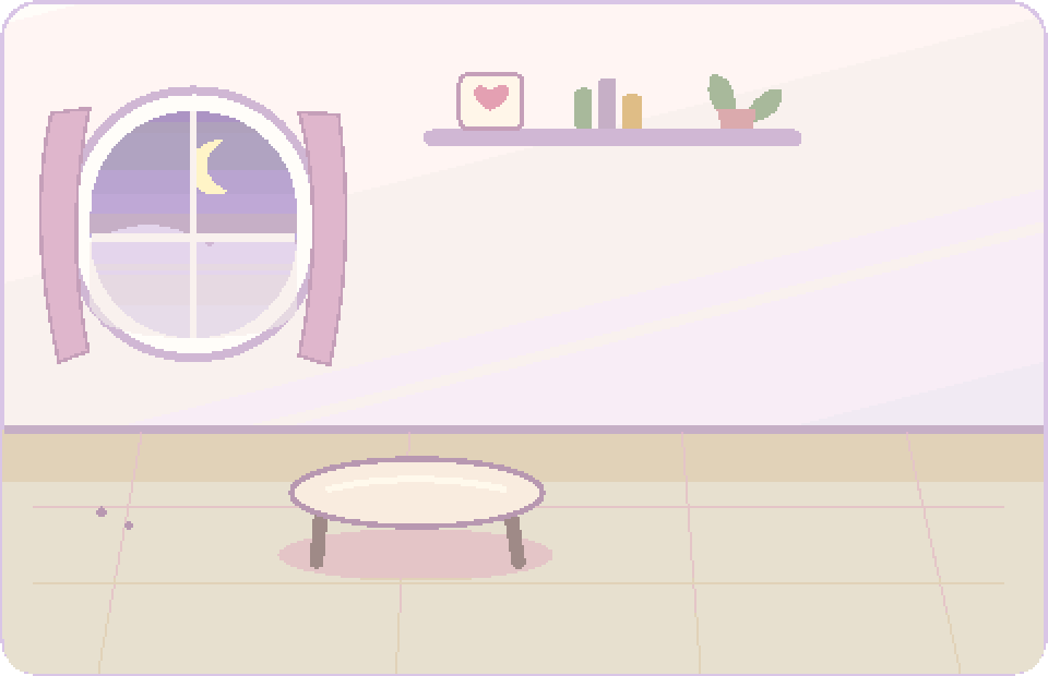 A quiet pixel room with a round window, books and a little table.